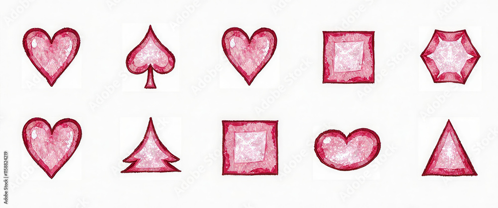 Poster a set of twelve heart shaped and star shaped objects in pink. the hearts are arranged in a row and t