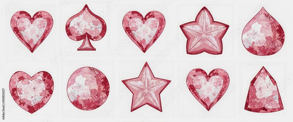 Poster a set of twelve heart shaped and star shaped objects in pink. the hearts are arranged in a row and t