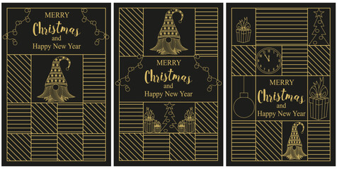 Set perfect Minimal Geometrical merry Christmas and Happy New Year greeting brochure cover template. Joyful typography overlay xmas poster theme. Holiday vector illustration EPS 10