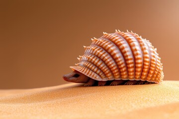 A close-up of a beautifully patterned seashell resting on soft sand, highlighting its intricate design and natural colors.