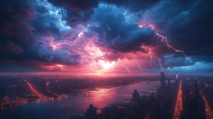 Fototapeta premium Dramatic lightning storm over city skyline at sunset.