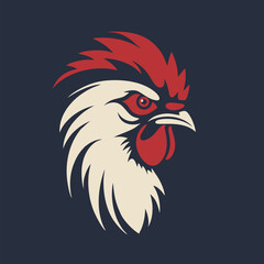 Simple logo of a cockerel with a red comb. Rooster head on blue background, icon. Vector illustration