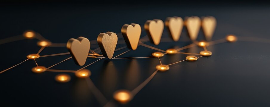 A series of golden tooth-shaped icons connected by glowing lines, representing dental health or technology in a modern, sleek design.