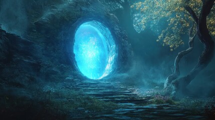 A Glowing Blue Portal in a Mysterious Forest