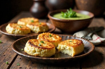 welsh cakes and leek soup on rustic wooden table, with green herb garnish. st. david's day celebration. traditional welsh cuisine. food blog or menu poster design.