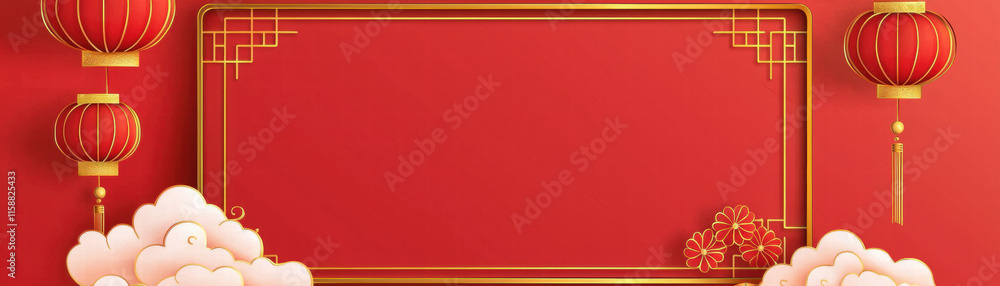 Poster chinese new year. red background with decorative lanterns and a blank frame for text.