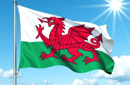 bright welsh flag with red dragon waving in blue sky with sun rays. symbol of wales. st davids day celebration. national pride concept. greeting card, poster.