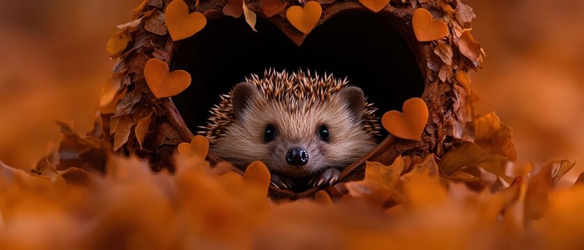 A cute hedgehog peeks out from a heart-shaped den surrounded by autumn leaves, creating a warm and cozy atmosphere.