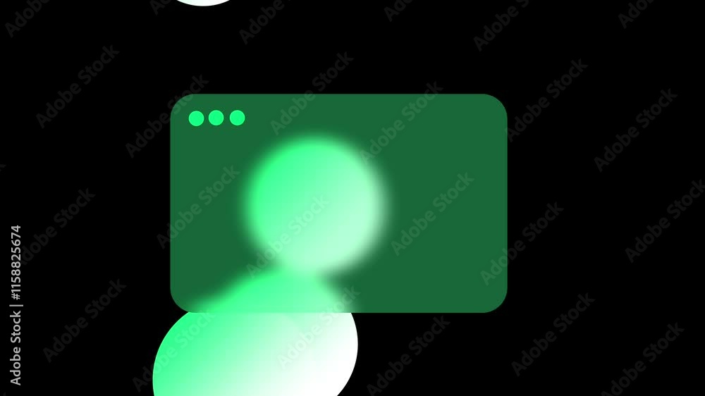 Aufkleber animation of green rectangular interface surrounded by soft glowing circles, set against a black bac