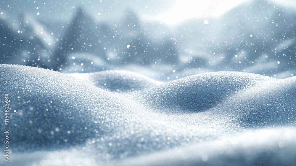Poster snowy landscape with gently undulating snowdrifts under a softly falling snow.