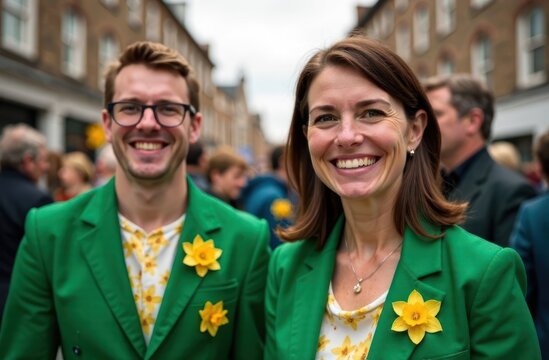 smiling couple wearing green jackets with daffodil flowers in lively street. st david's day celebration. welsh culture. holiday gathering. festive event poster
