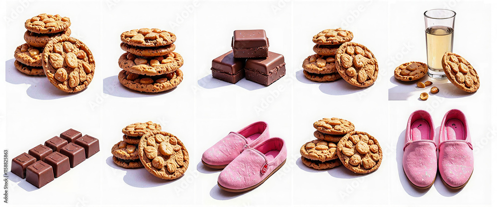 Poster a collection of cookies and shoes are displayed in a grid. the cookies are of various shapes and siz