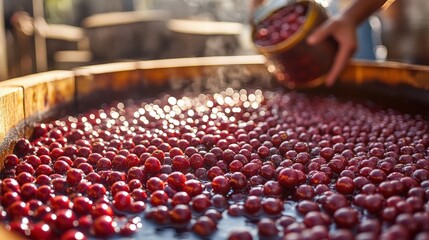 Vibrant coffee cherries fermenting in wooden tank under sunlight