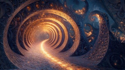 A glowing path through a swirling, organic tunnel