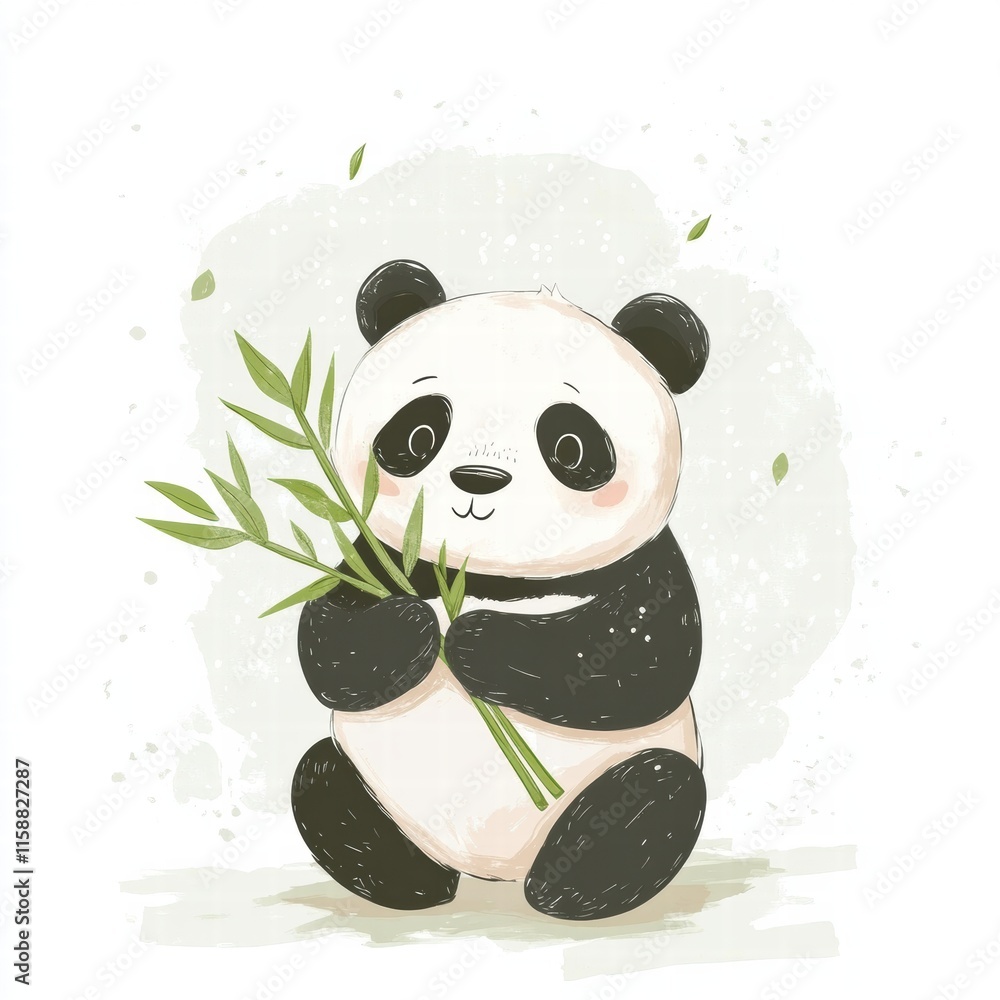 Poster Cute panda happily munching on fresh bamboo in a serene setting with ample space for creative text placement. Generative AI