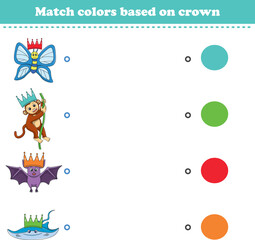 Match the color of the animal's crown. Educational game for color recognition