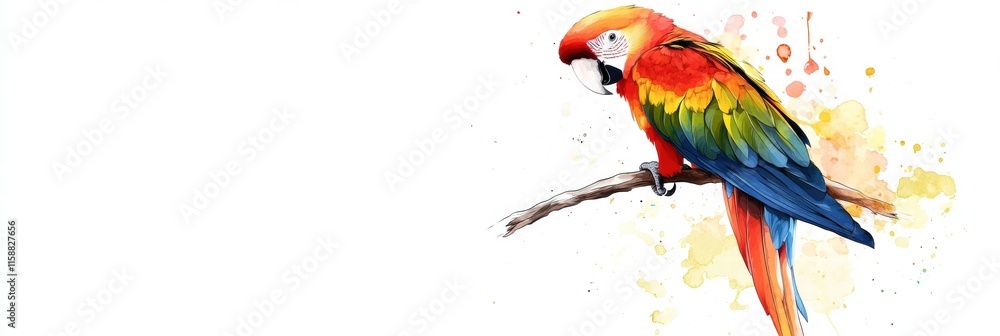 Poster Bright parrot illustrated perched on a branch with vibrant colors and ample space for text or branding. Generative AI