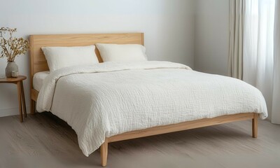 A cozy bedroom featuring a minimalist bed with a soft, white quilt and natural wood accents, perfect for relaxation and comfort.