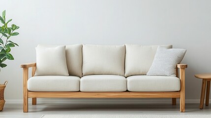 Teak wood sofa with soft, neutral-colored cushions, minimalist living room,