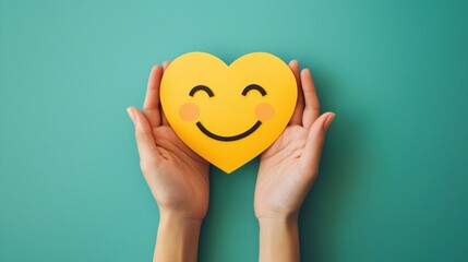 Valentine's Day concept. Paper cut smiley face in hands  on color background. 