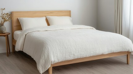 Handcrafted teak wood bed frame with minimalist design, natural linen bedding, eco-luxury bedroom