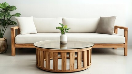 Stylish living room setup featuring a modern wooden sofa and a round coffee table with a small potted plant.