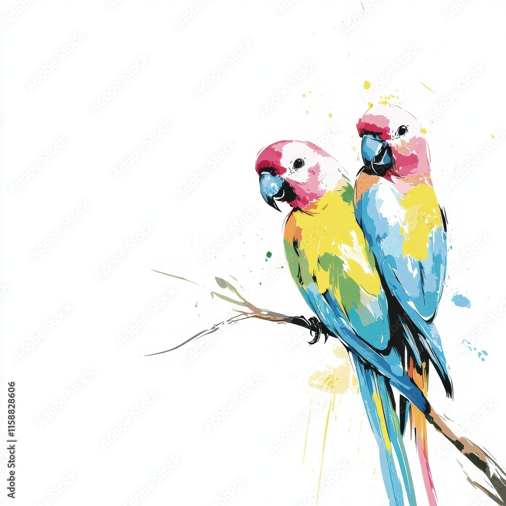 Poster bright parrot illustration perched on a branch with ample space for text and creative designs. gener