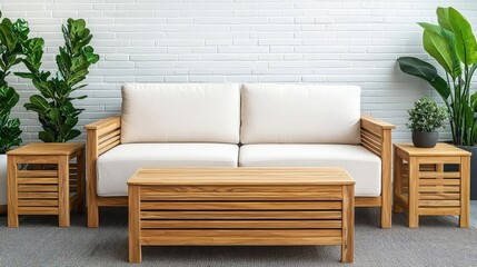 Stylish wooden furniture set in a modern living room, featuring a cozy couch, coffee table, and decorative plants for a serene atmosphere.