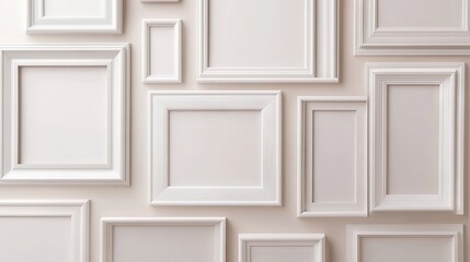 A group of blank white picture frames artfully arranged on a light-toned background, offering a minimalist design with ample copy space