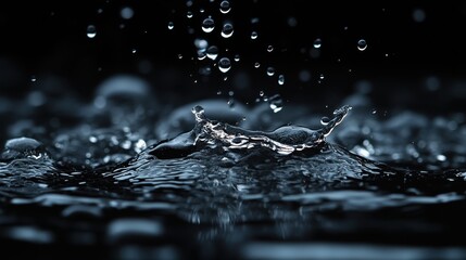 Close-up of Water Droplets Splashing in a Dark Environment with Dramatic Lighting