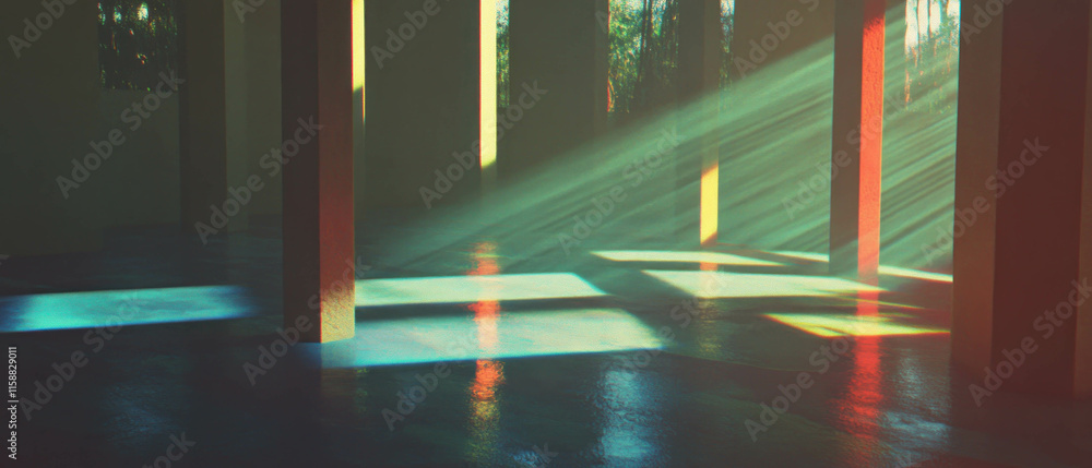 Poster Ethereal light beams create a mesmerizing overlay texture in an empty space