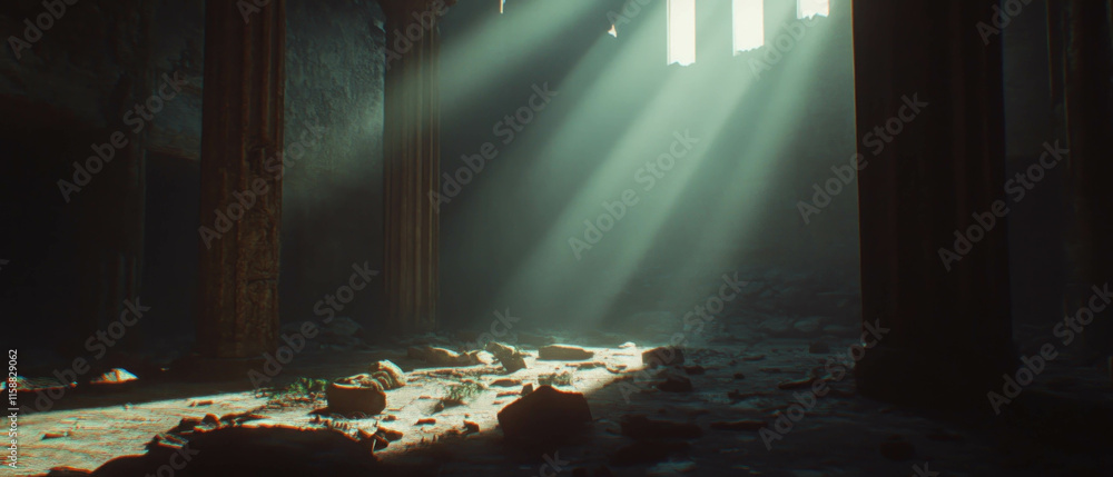 Poster ethereal light bursts illuminating an abandoned space with shadows and texture variations