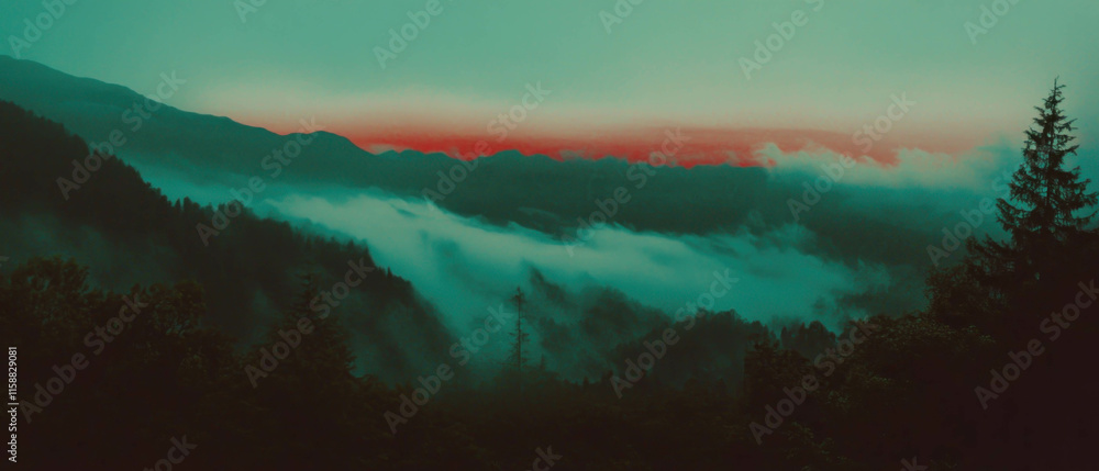Poster ethereal mist envelops a mountainous landscape during twilight hours in serene nature
