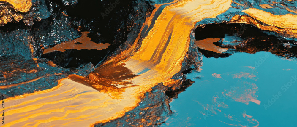 Poster liquid gold flows over textured rocks in a natural setting