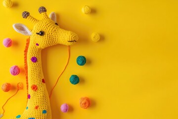 Fototapeta premium Handmade Amigurumi Giraffe on Vibrant Yellow Background for Creative Design