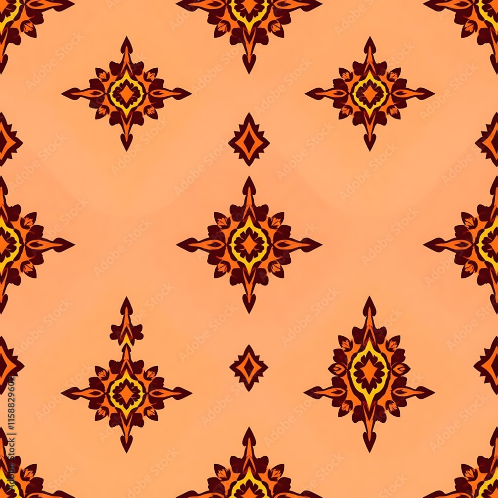 Poster bohemian orange pattern: a seamless repeat pattern with intricate, geometric designs in shades of or