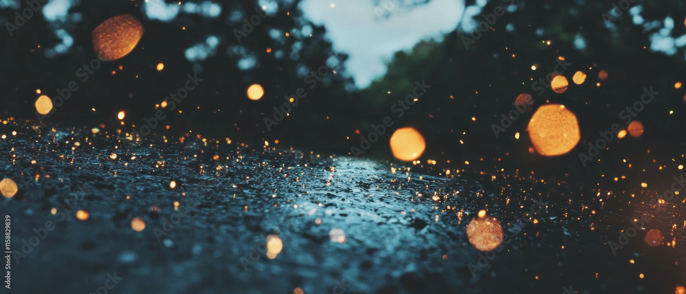 Poster Golden bokeh lights overlay creating a dreamy atmosphere in the background