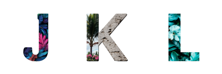 Letters J, K and L made with tropical floral motifs. Evoking paradisiacal landscapes. Hawaii and Polynesia. Paradise alphabet and typography. Transparent PNG