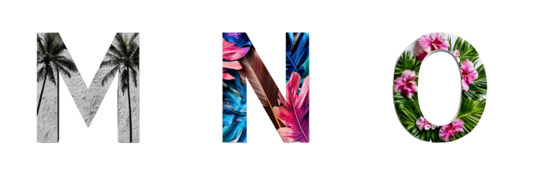 Letters M, N and O made with tropical floral motifs. Evoking paradisiacal landscapes. Hawaii and Polynesia. Paradise alphabet and typography. Transparent PNG