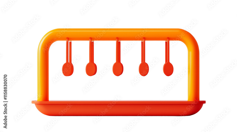 Poster a brightly colored, stylized object resembling a balance scale with five circular pendulums hanging 