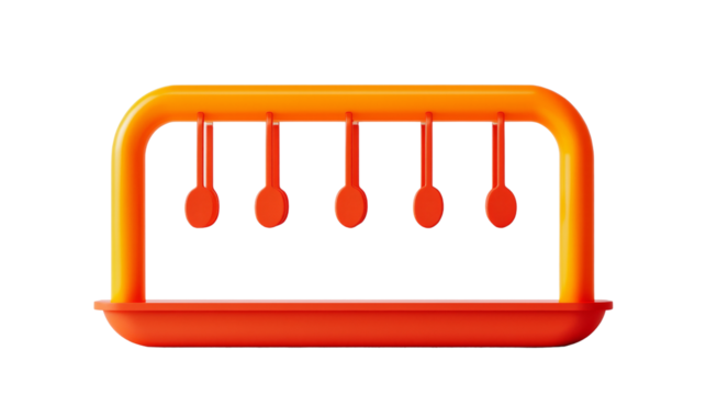 A brightly colored, stylized object resembling a balance scale with five circular pendulums hanging from a curved support.