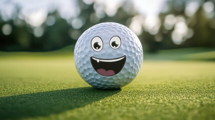Happy golf ball with a smiling face on a green.