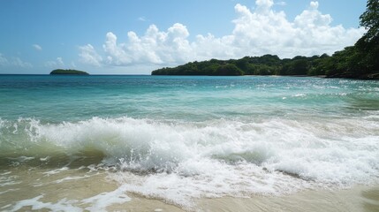 Serene Coastal View with Gentle Waves Crashing on Sandy Shore under Clear Blue Sky
