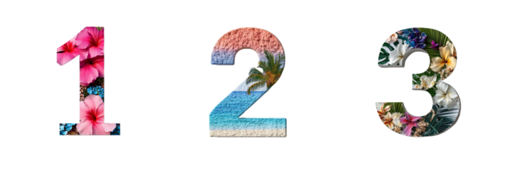 Numbers 1, 2 and 3 made with tropical floral motifs. Evoking paradisiacal landscapes. Hawaii and Polynesia. Paradise alphabet and typography. Transparent PNG