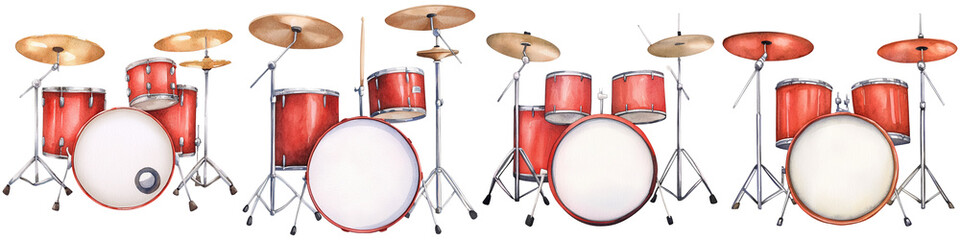2024 Grammy Concept, A drum set featuring vibrant red drums and shiny cymbals arranged neatly for performance.