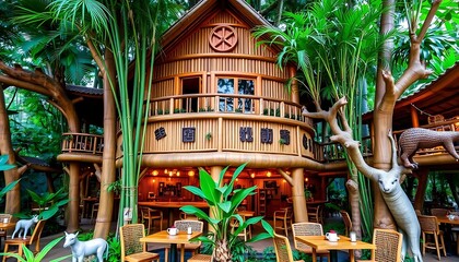 Bamboo Treetop Restaurant Amidst Lush Tropical Foliage