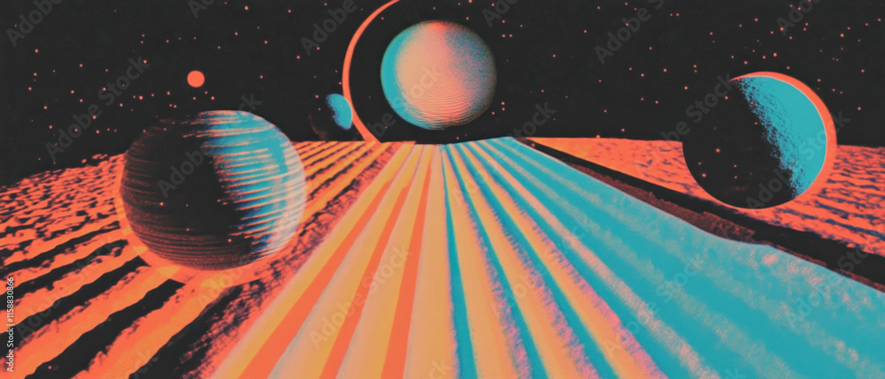 Poster Radiant halos overlay texture showcasing a cosmic landscape with planets and colorful patterns