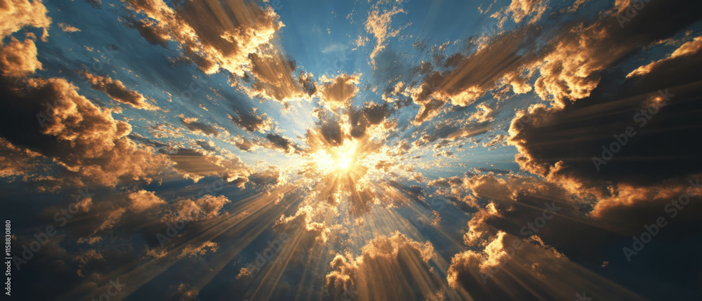 Aufkleber radiant sun rays piercing through clouds in a vibrant sky display
