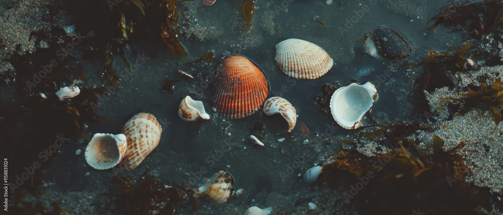 Aufkleber scattered seashells create a natural texture on the sandy beach shore