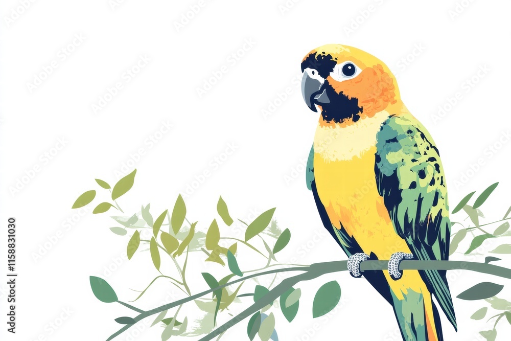 Poster Brightly colored parrot perched on a branch with ample space for text and design elements. Generative AI